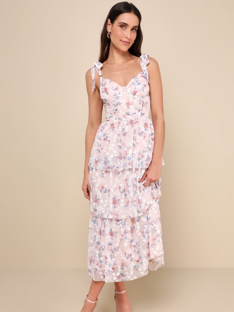 Nwt Lulus Flirtatious Radiance Blush Pink Floral Mesh Bustier Midi Dress - Xxl